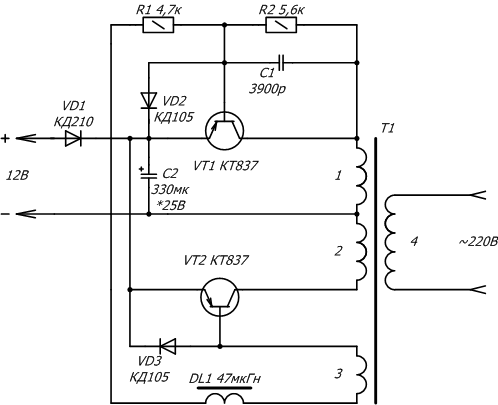Схема простого самодельного инвертора напряжения, из аккумулятора на 12В в 220В