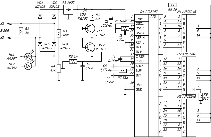 Схема. Вольтметр постоянного тока с матричным индикатором на светодиодах