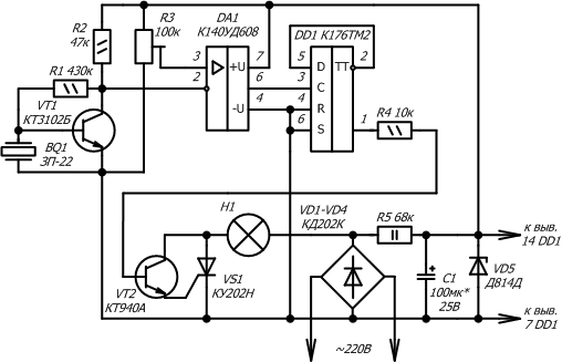 Схема терморегулятора, термореле (КР140УД608, S202SE2)