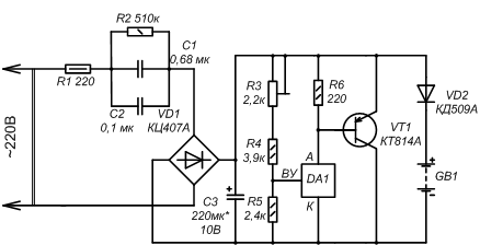 принципиальная схема зарядного устройства на КР142ЕН19А с транзистором